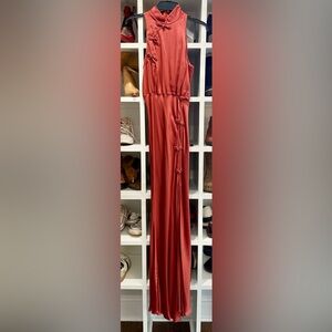 Elegant Terracotta Satin High Neck Sleeveless Gown.